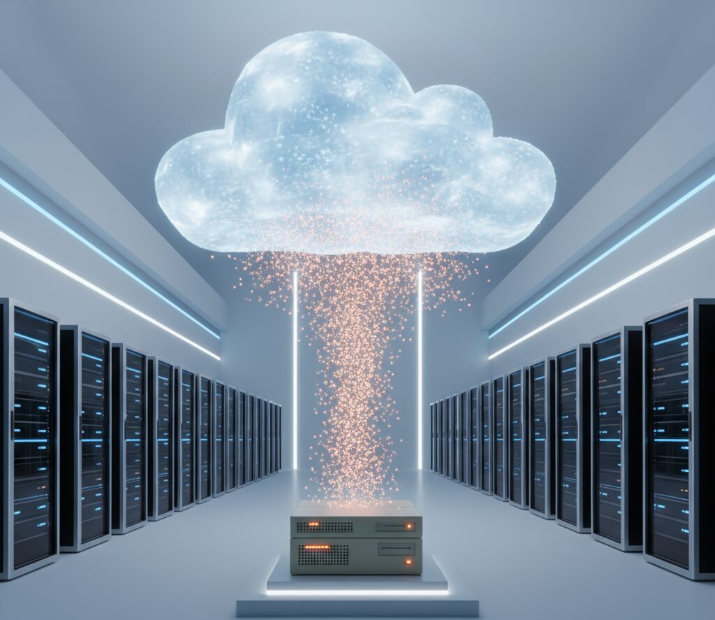 Cloud infrastructure rising above a secure data centre