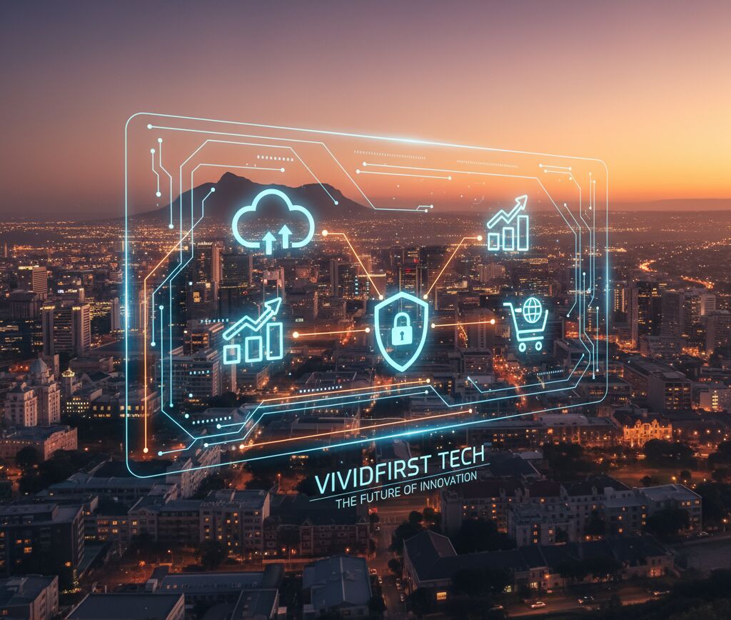 Digital services layered over a South African city skyline