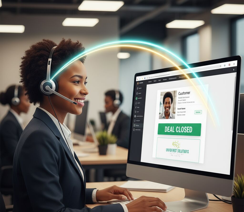 Contact centre agent closing a deal on a CRM screen